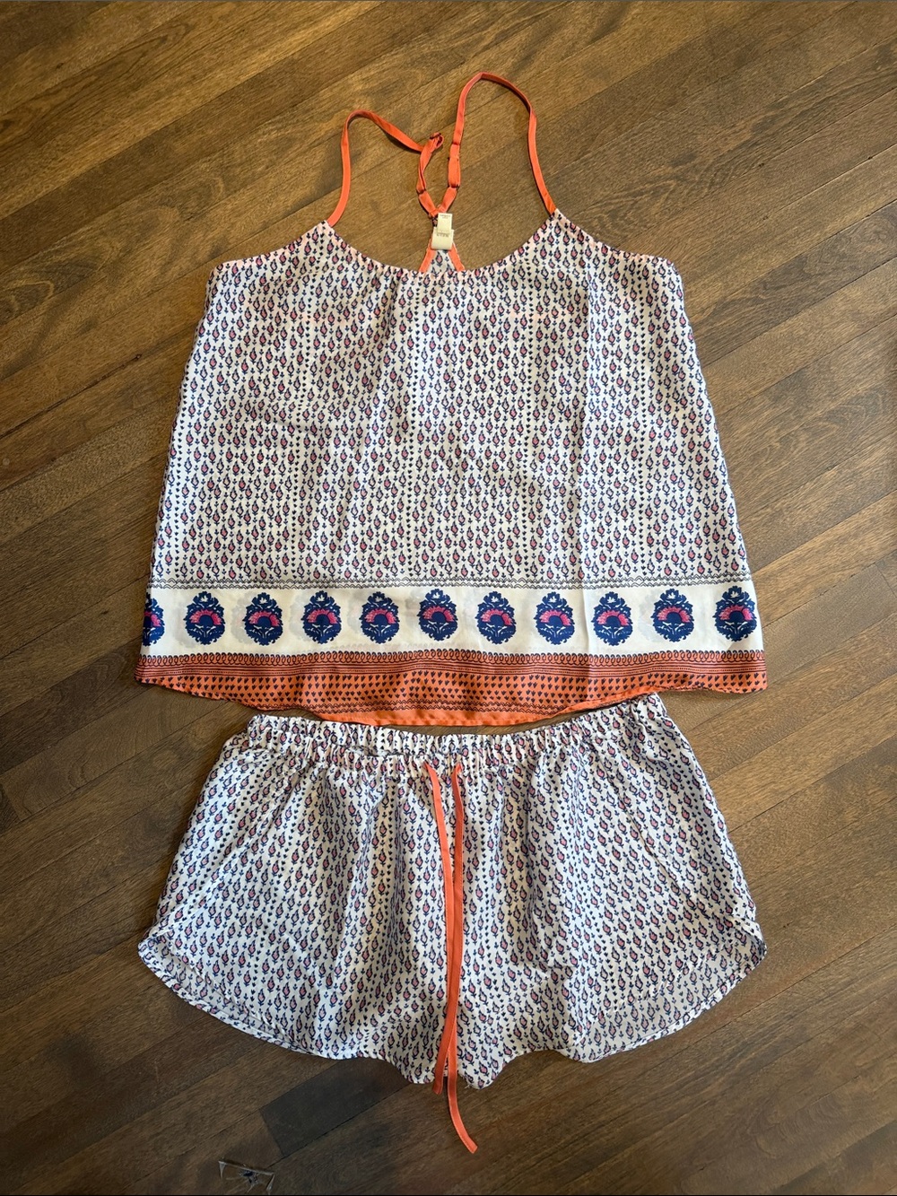 C Printed Cami & Short Sleep Set in White and Coral with Navy Accents